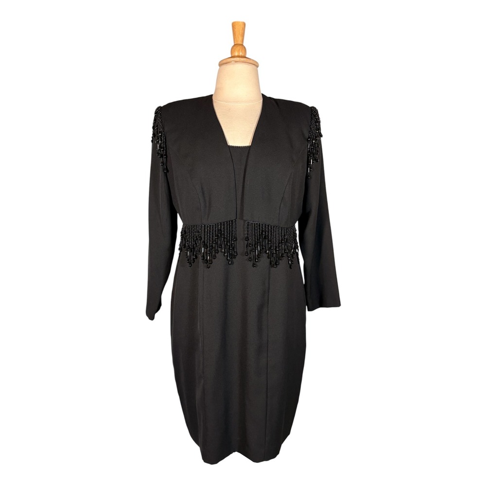Vintage 90s Black Beaded Dress Crop Jacket 16W Cocktail Gothic Glam LBD Evening